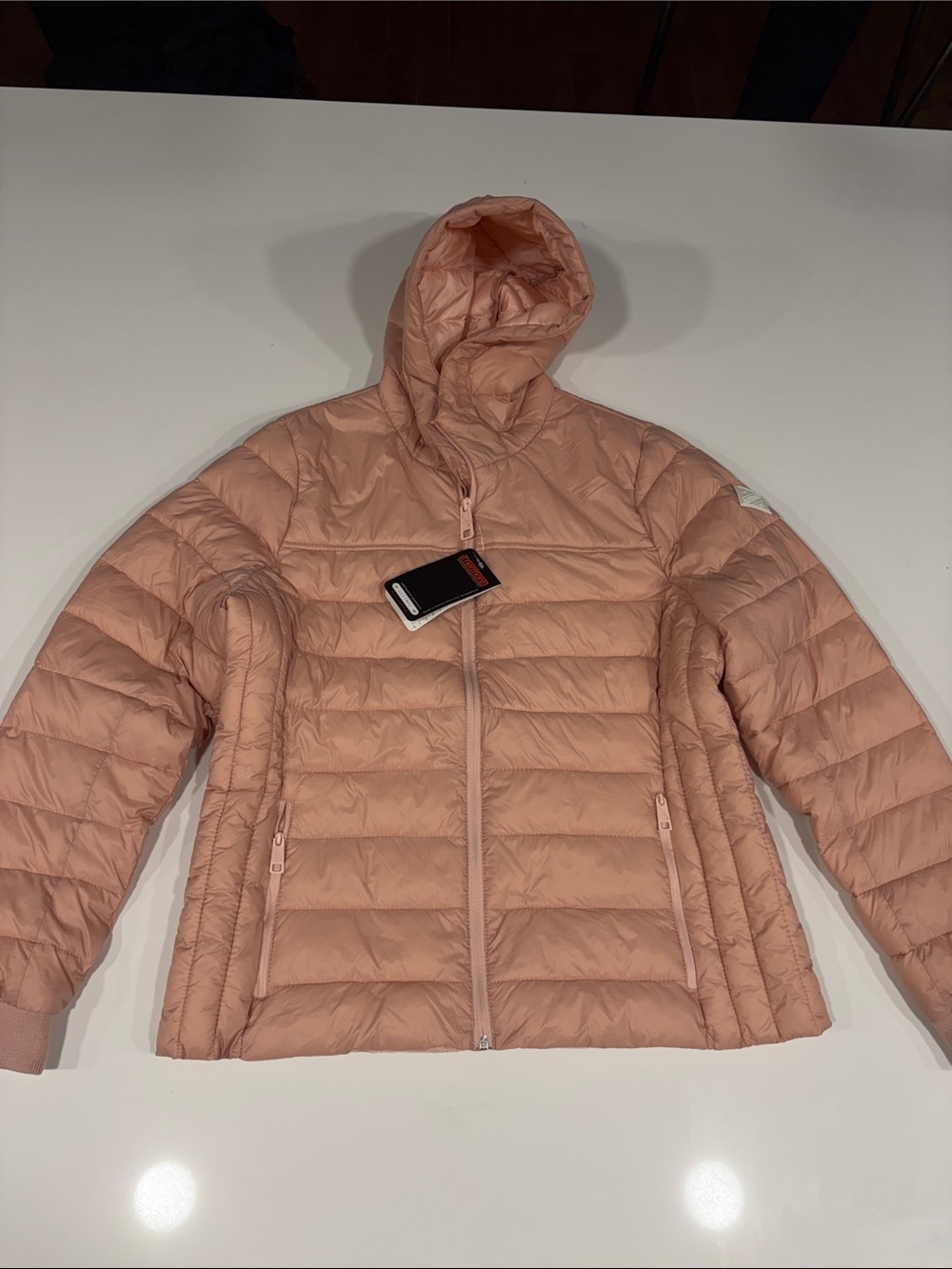 Hollister Quilted Hooded Puffer Jacket - Peach Pink. Size XL